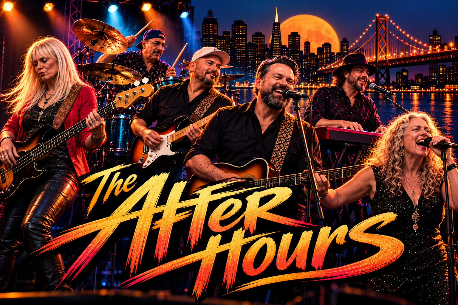 The After Hours band artwork featuring the musicians performing against a moonlit San Francisco skyline